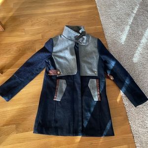 Blue, grey and faux leather coat